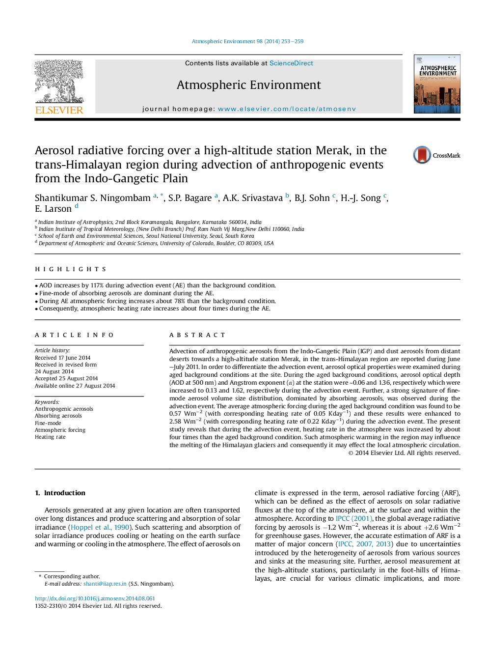 Aerosol radiative forcing over a high-altitude station Merak, in the trans-Himalayan region during advection of anthropogenic events from the Indo-Gangetic Plain