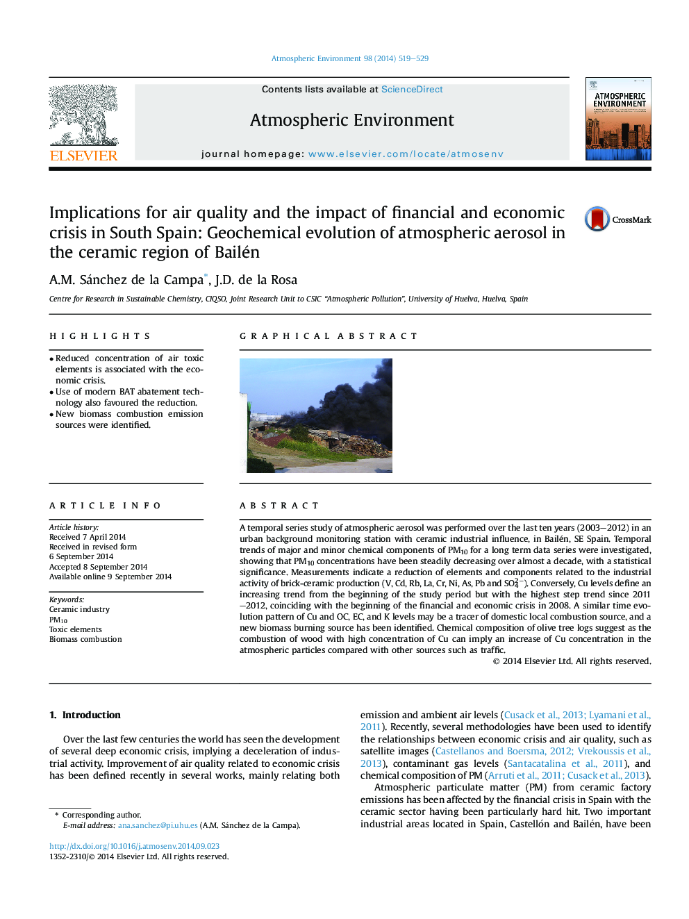 Implications for air quality and the impact of financial and economic crisis in South Spain: Geochemical evolution of atmospheric aerosol in the ceramic region of Bailén