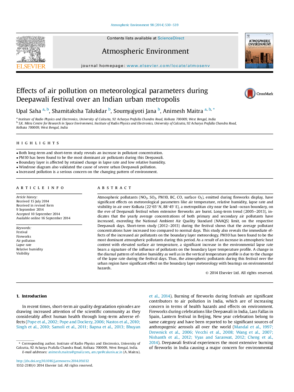 Effects of air pollution on meteorological parameters during Deepawali festival over an Indian urban metropolis