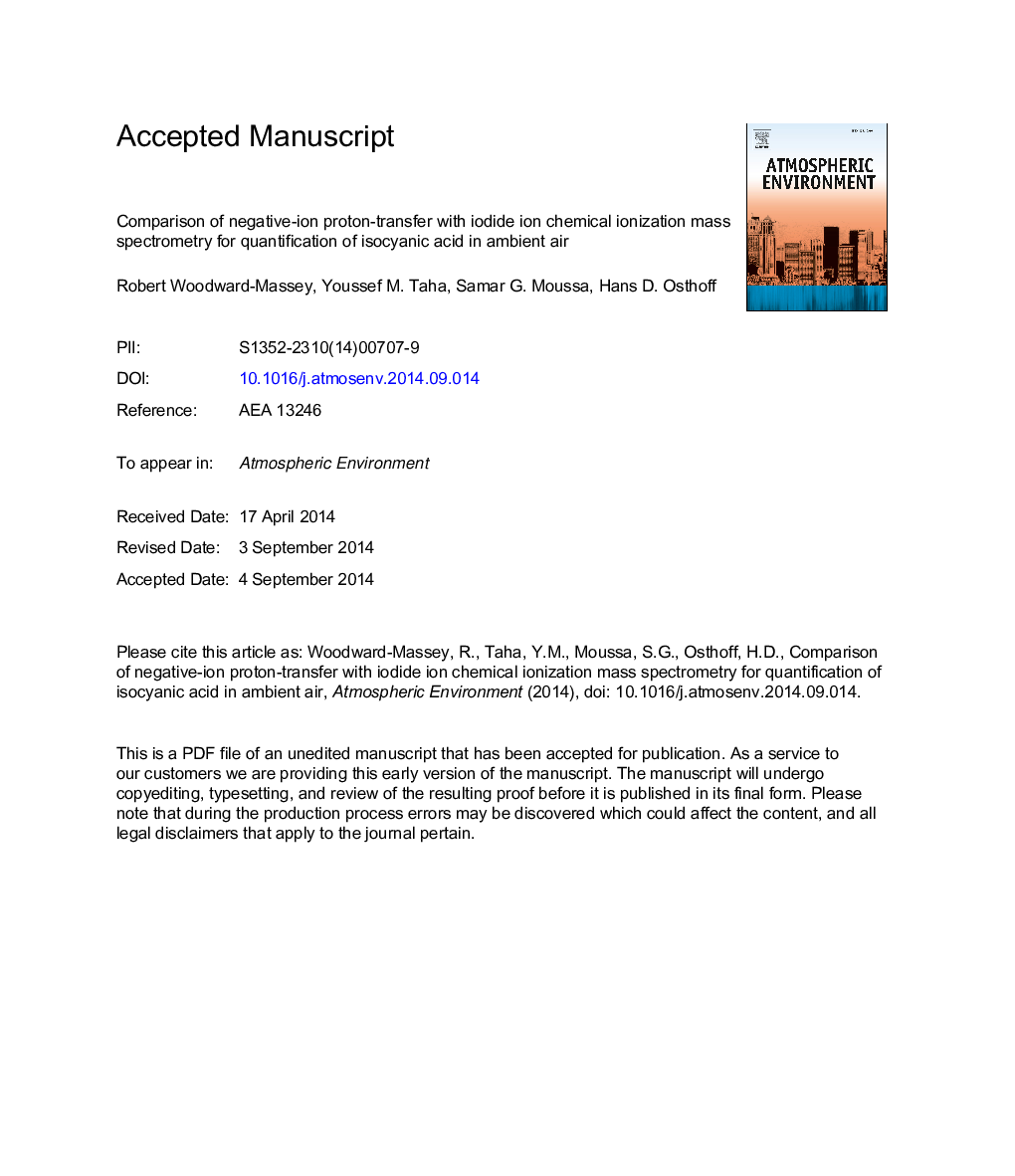 مقایسه انتقال پروتون منیون-یونی با طیف سنج جرمی یونیزاسیون یونی یونیدها برای تعیین اسید ایزوسیانیک در هوا 