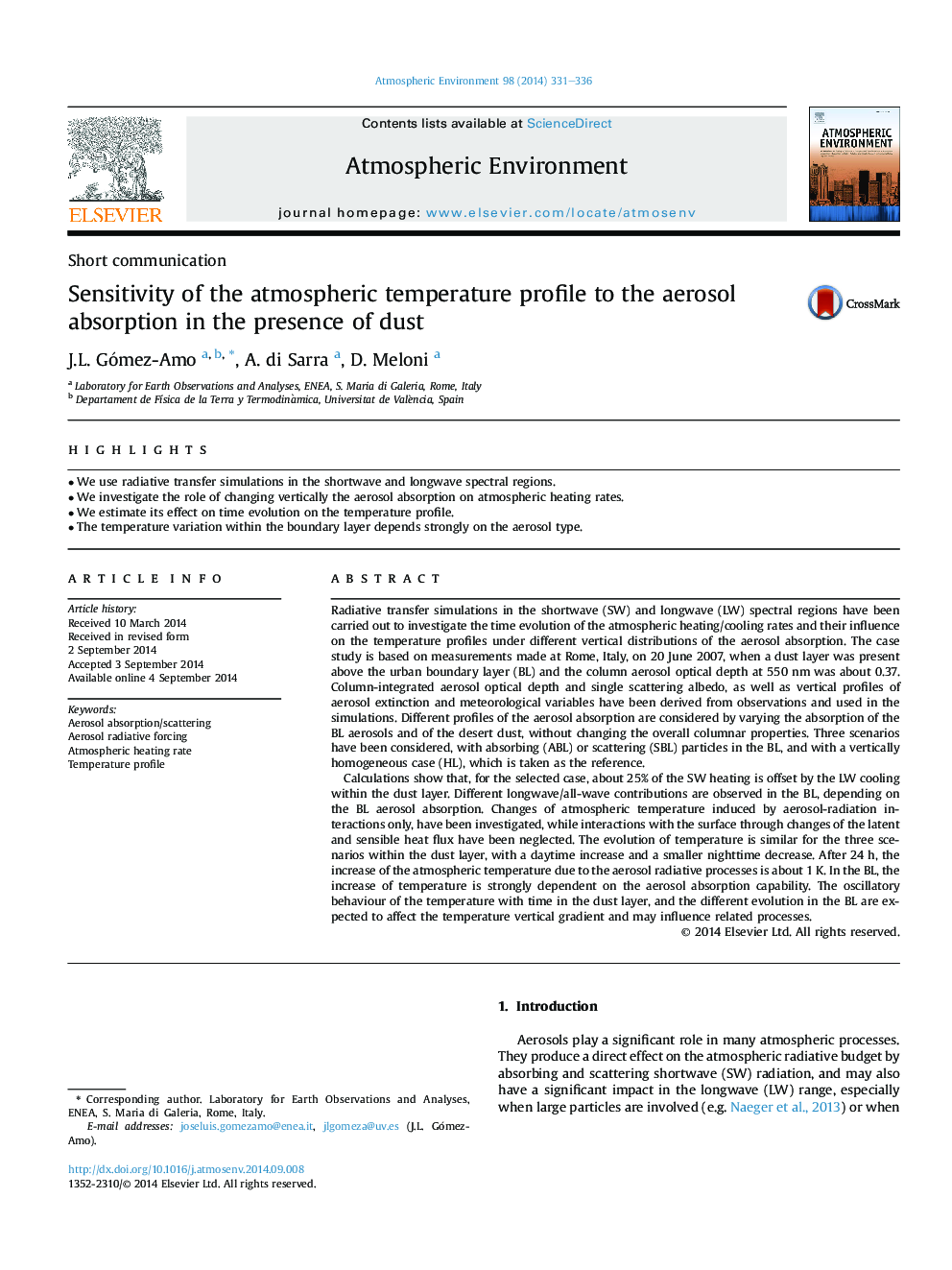 Short communicationSensitivity of the atmospheric temperature profile to the aerosol absorption in the presence of dust