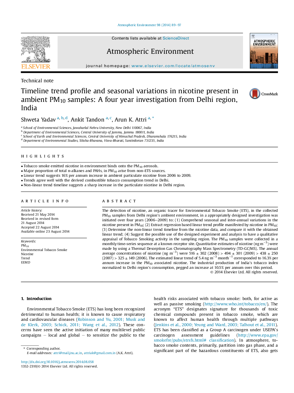 Technical noteTimeline trend profile and seasonal variations in nicotine present in ambient PM10 samples: A four year investigation from Delhi region, India