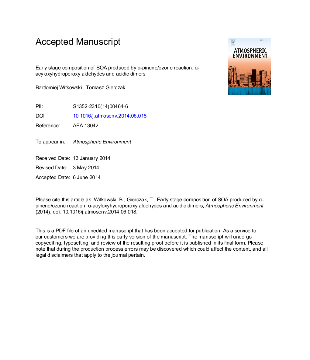 Early stage composition of SOA produced by Î±-pinene/ozone reaction: Î±-Acyloxyhydroperoxy aldehydes and acidic dimers