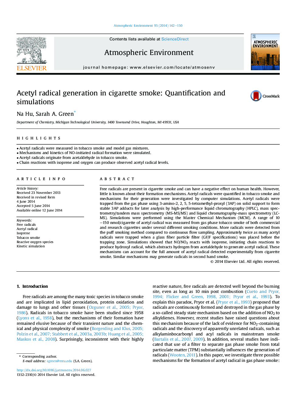 Acetyl radical generation in cigarette smoke: Quantification and simulations