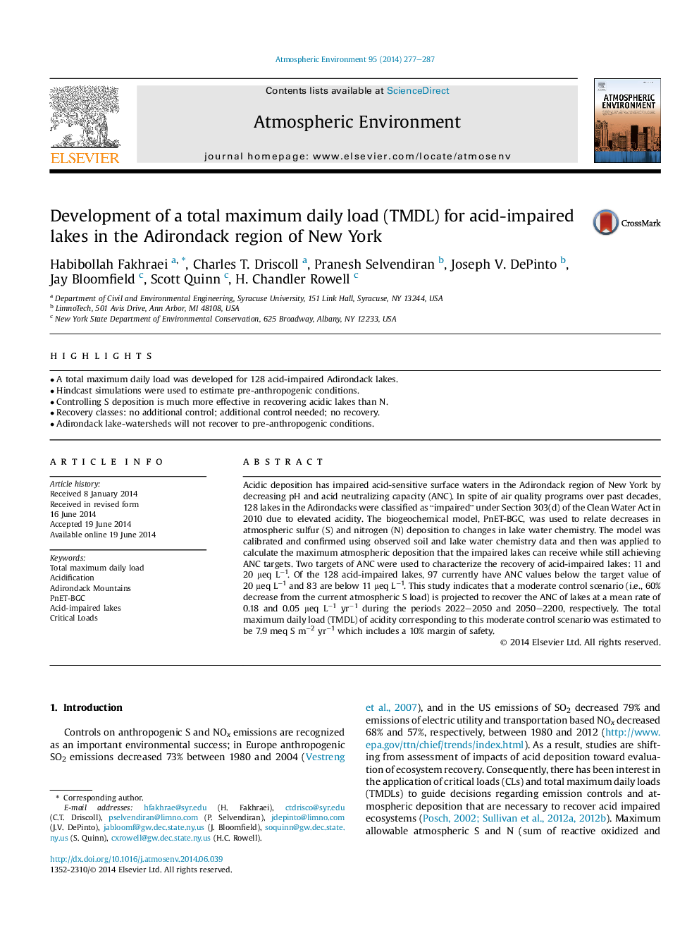 Development of a total maximum daily load (TMDL) for acid-impaired lakes in the Adirondack region of New York