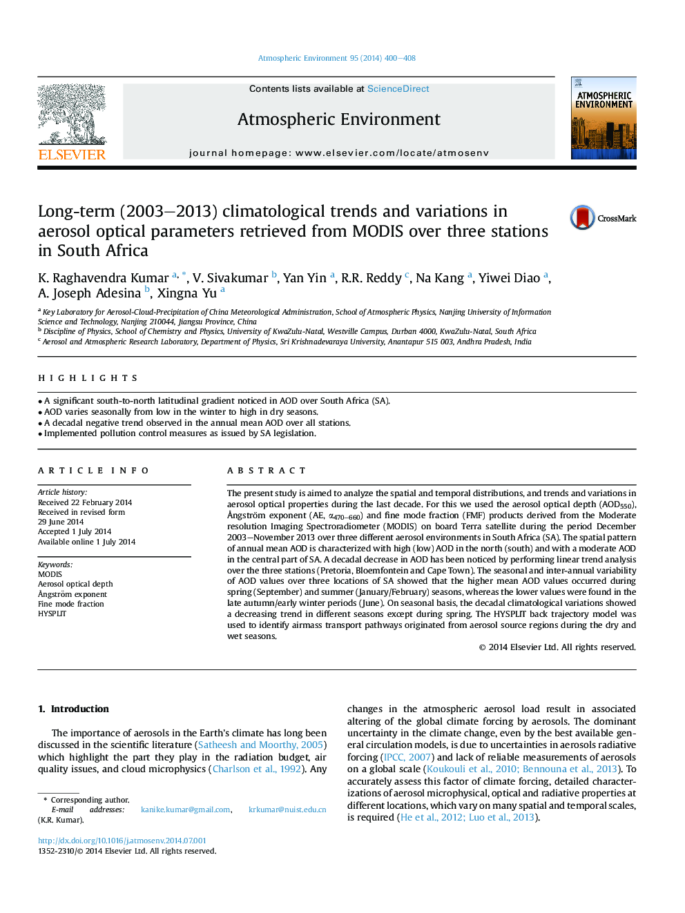 Long-term (2003-2013) climatological trends and variations in aerosol optical parameters retrieved from MODIS over three stations in South Africa