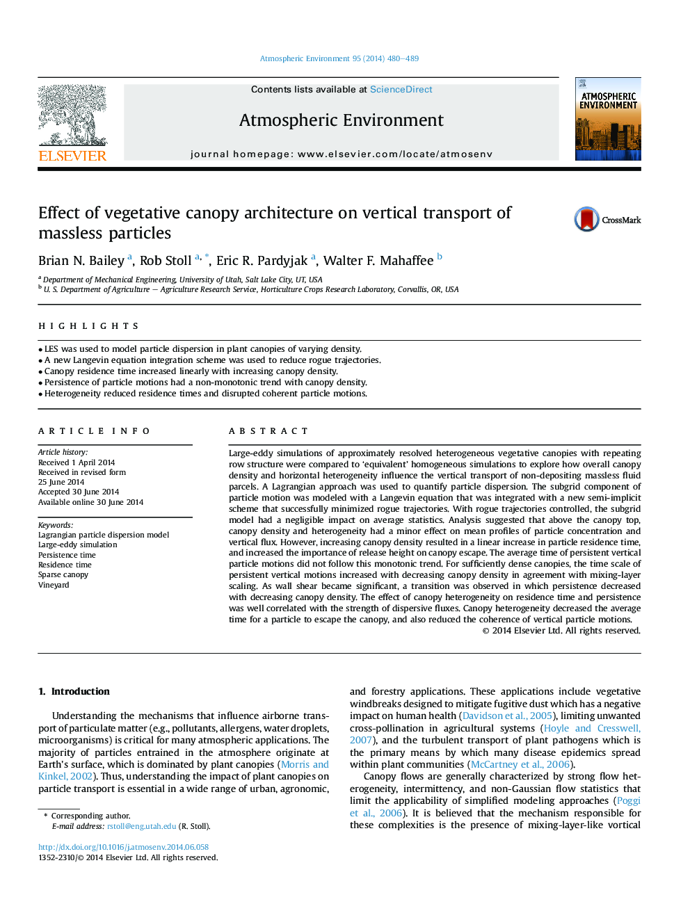 Effect of vegetative canopy architecture on vertical transport of massless particles