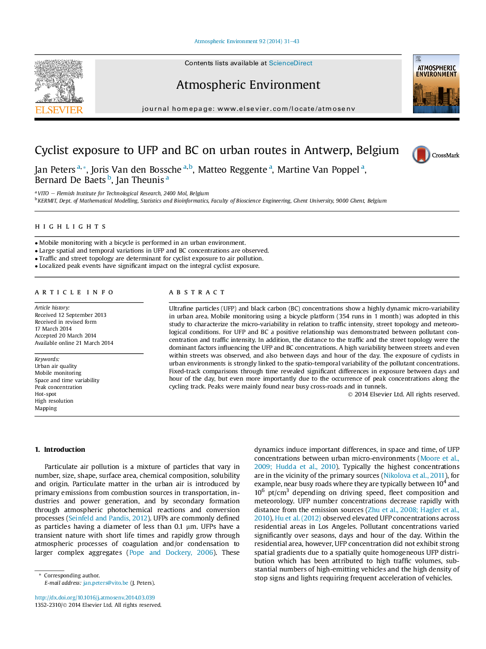 Cyclist exposure to UFP and BC on urban routes in Antwerp, Belgium