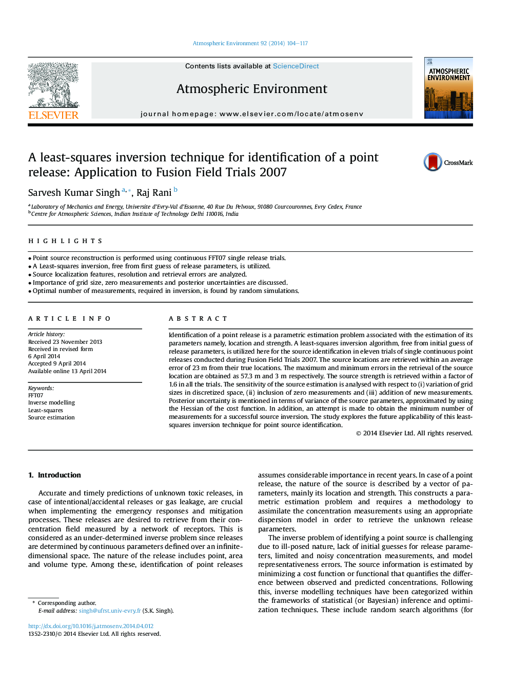 A least-squares inversion technique for identification of a point release: Application to Fusion Field Trials 2007