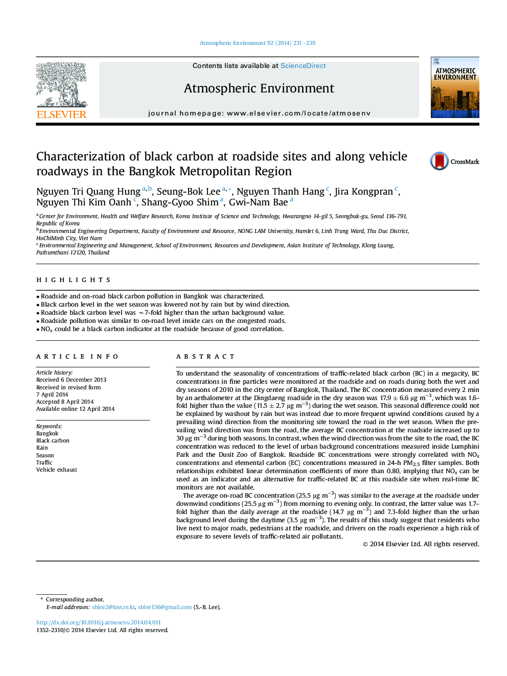 Characterization of black carbon at roadside sites and along vehicle roadways in the Bangkok Metropolitan Region