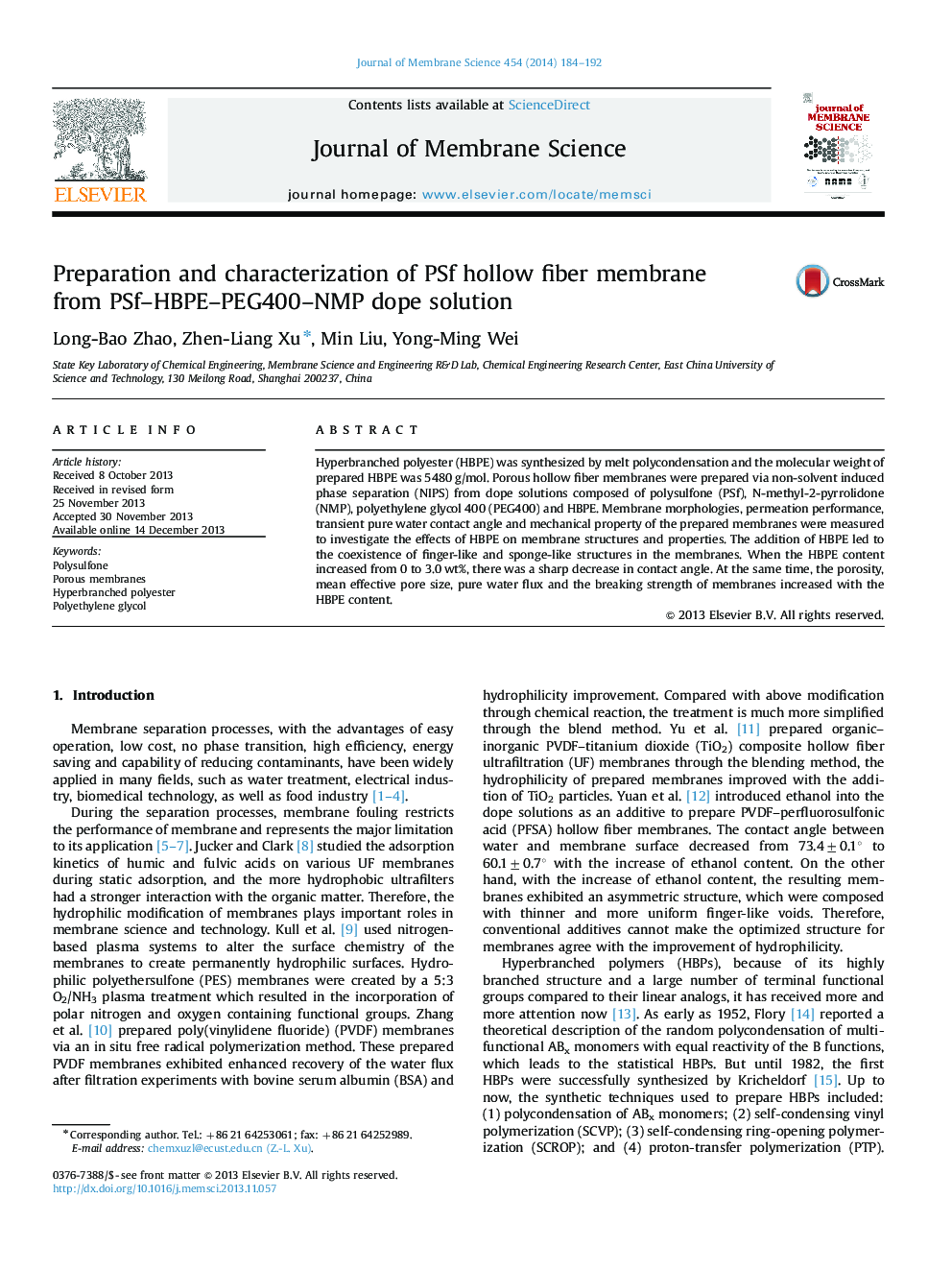 Preparation and characterization of PSf hollow fiber membrane from PSf-HBPE-PEG400-NMP dope solution