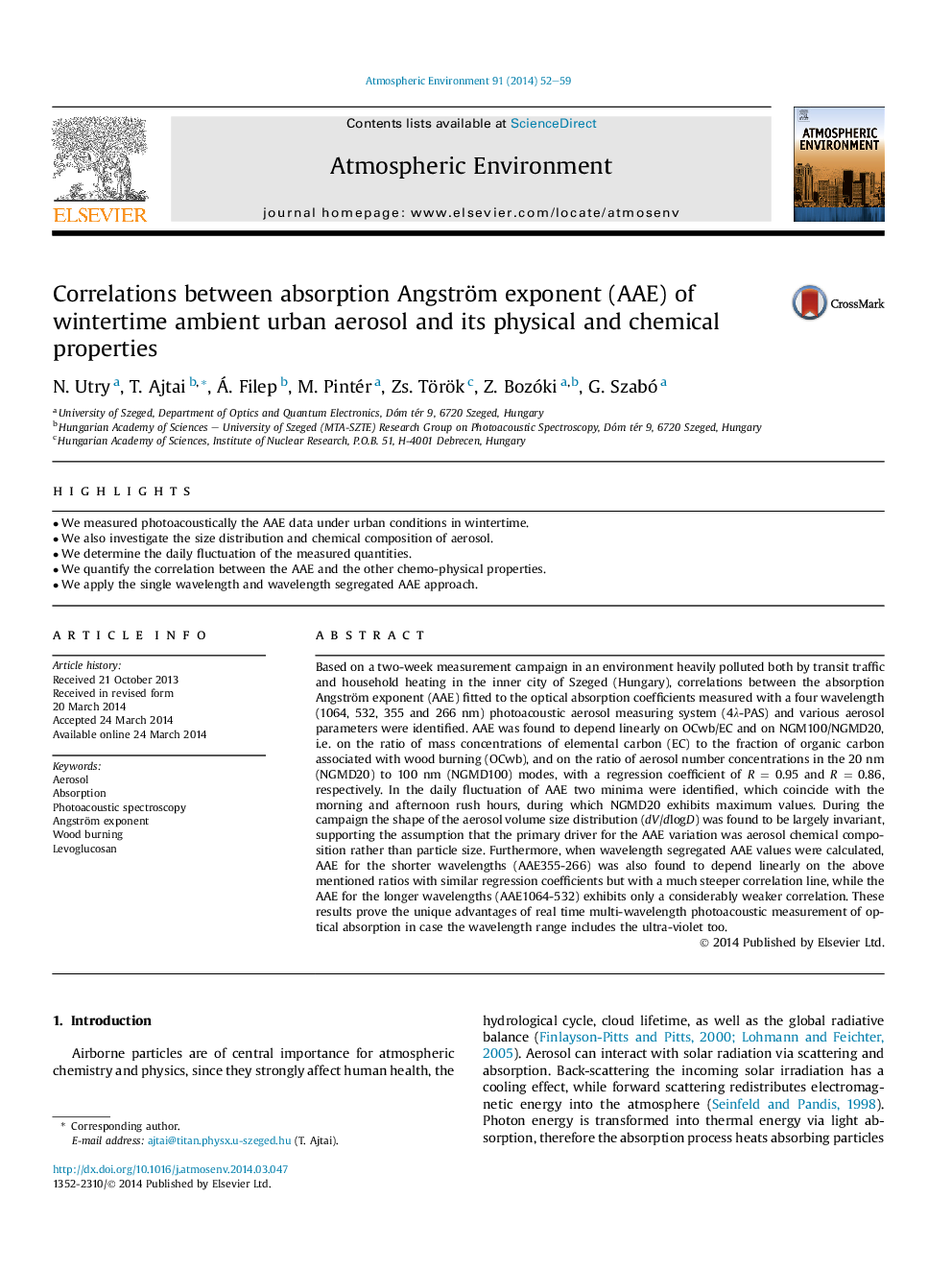 Correlations between absorption Angström exponent (AAE) of wintertime ambient urban aerosol and its physical and chemical properties