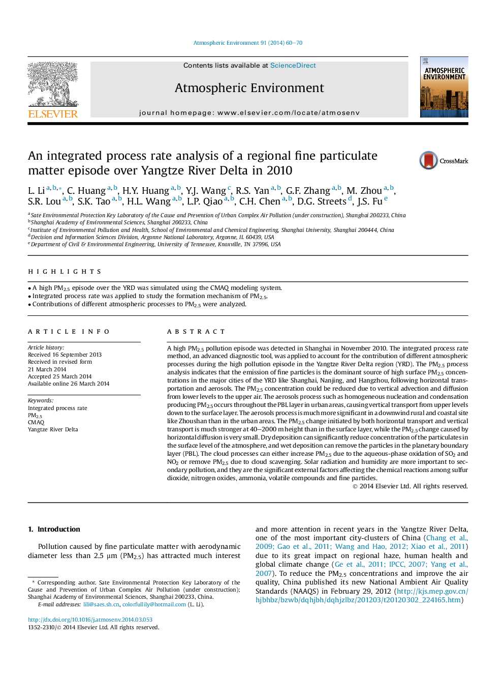 یک تجزیه و تحلیل نرخ فرآیند یکپارچه یک قسمت ذرات ریز منطقه ای بیش از دلتای رودخانه یانگ تسه در سال 2010 