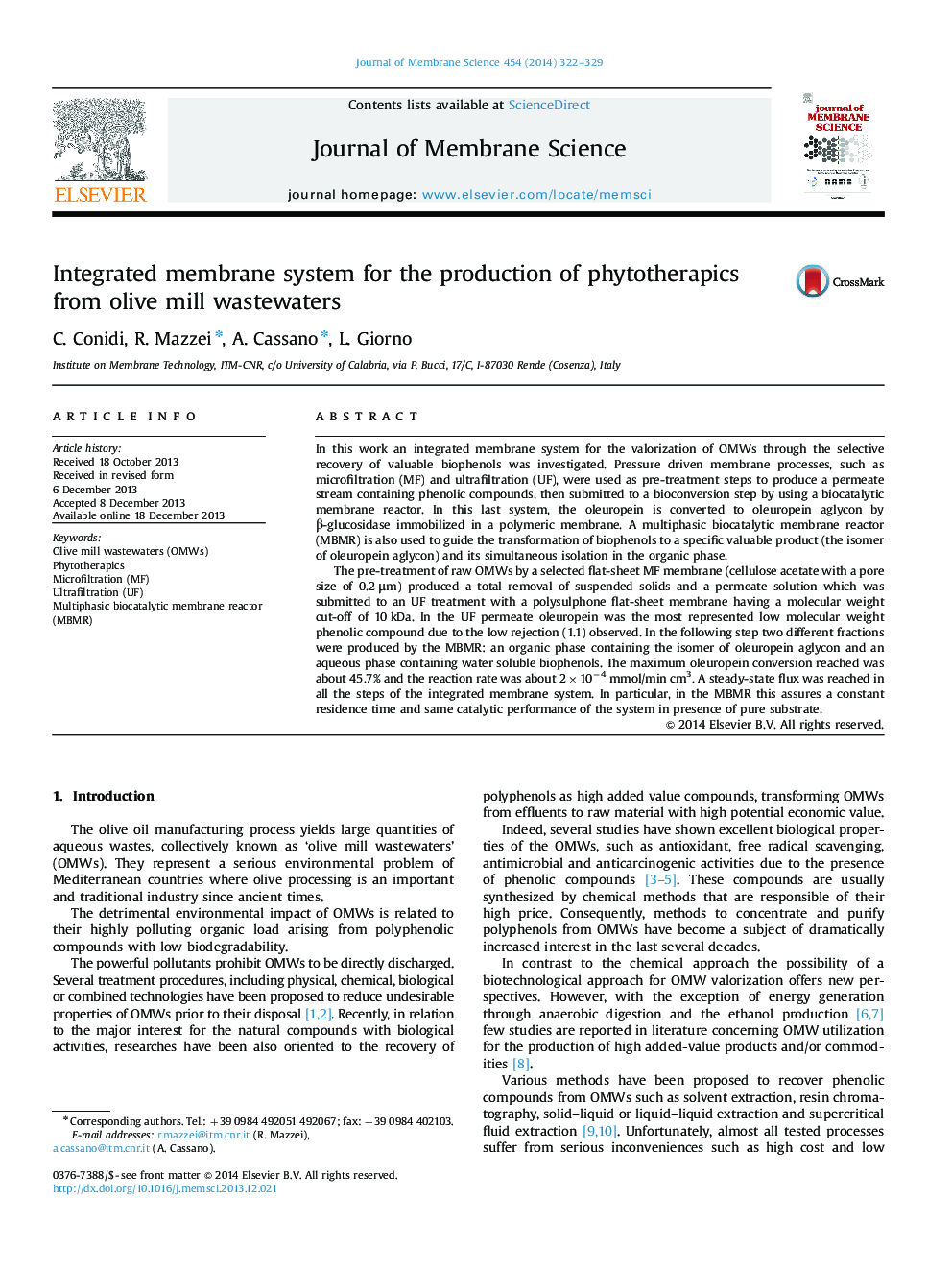 Integrated membrane system for the production of phytotherapics from olive mill wastewaters