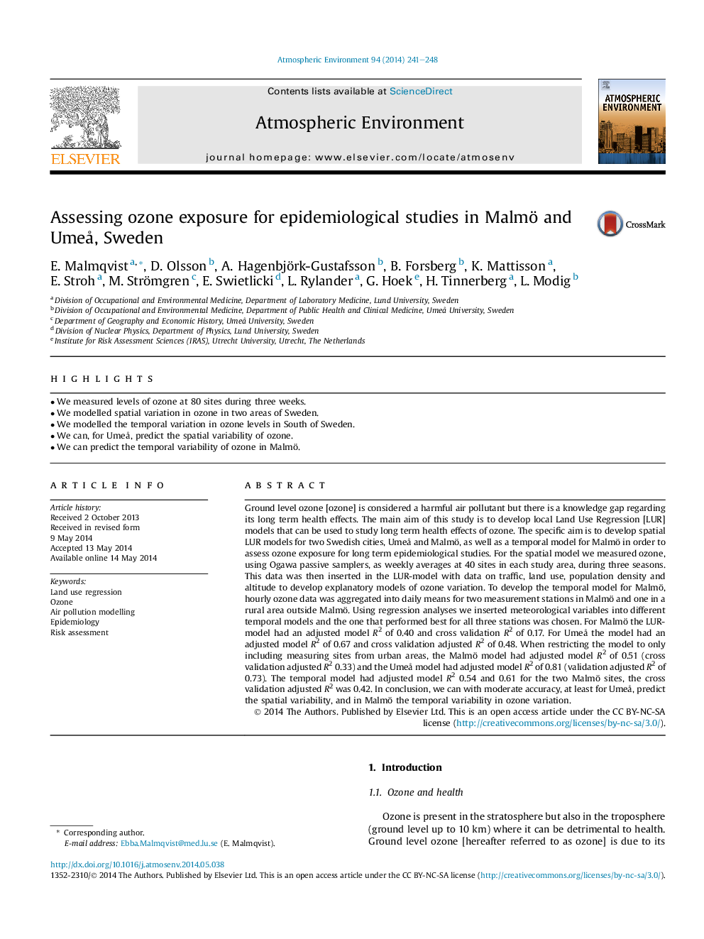 Assessing ozone exposure for epidemiological studies in Malmö and UmeÃ¥, Sweden