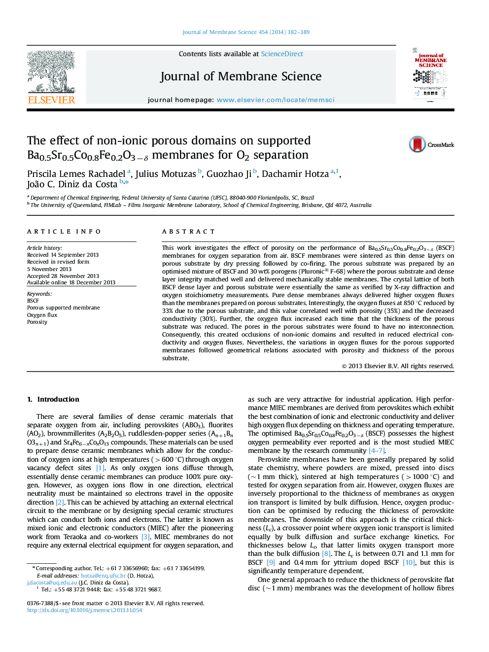 The effect of non-ionic porous domains on supported Ba0.5Sr0.5Co0.8Fe0.2O3−δ membranes for O2 separation