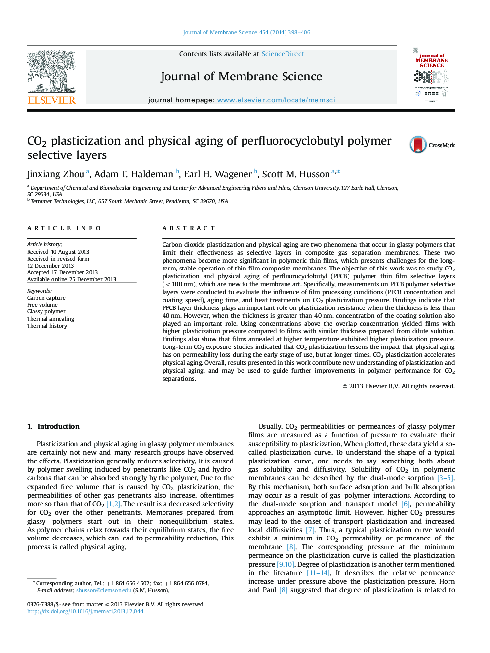 CO2 plasticization and physical aging of perfluorocyclobutyl polymer selective layers