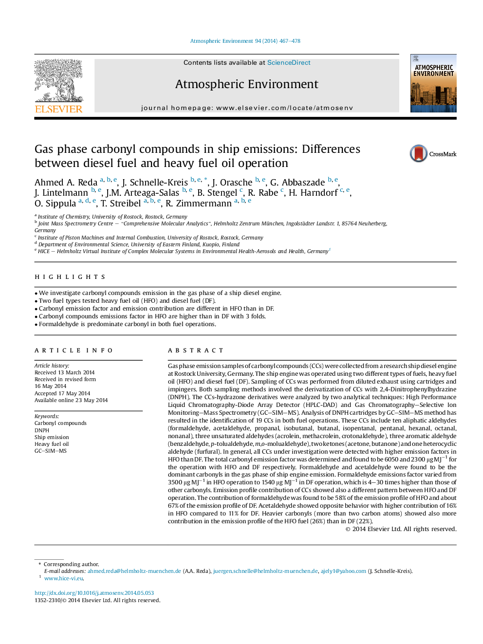 Gas phase carbonyl compounds in ship emissions: Differences between diesel fuel and heavy fuel oil operation