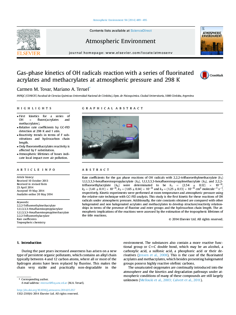 Gas-phase kinetics of OH radicals reaction with a series of fluorinated acrylates and methacrylates at atmospheric pressure and 298Â K