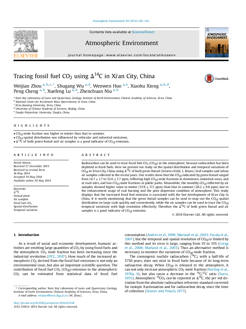 Tracing fossil fuel CO2 using Î14C in Xi'an City, China