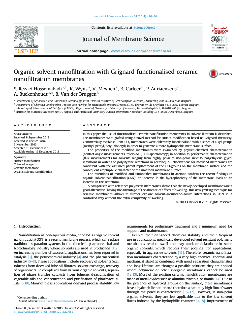 Organic solvent nanofiltration with Grignard functionalised ceramic nanofiltration membranes