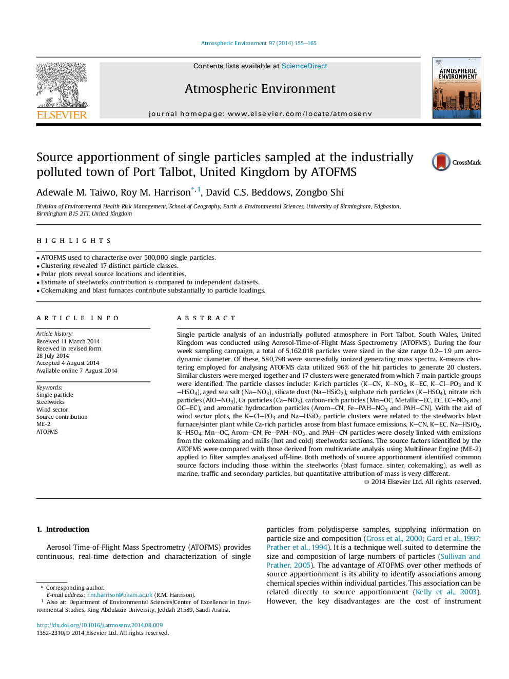 Source apportionment of single particles sampled at the industrially polluted town of Port Talbot, United Kingdom by ATOFMS