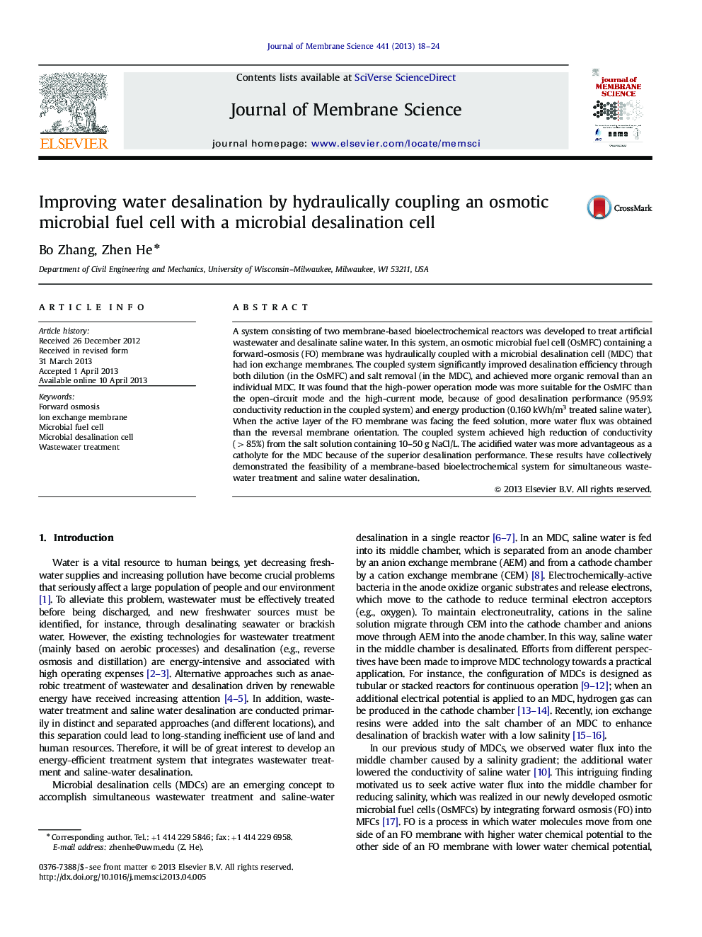 Improving water desalination by hydraulically coupling an osmotic microbial fuel cell with a microbial desalination cell