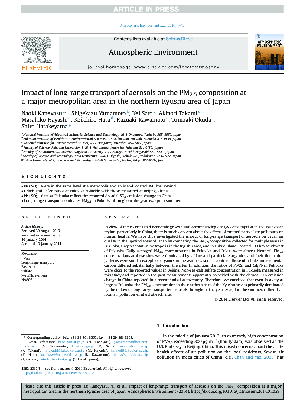 Impact of long-range transport of aerosols on the PM2.5 composition at a major metropolitan area in the northern Kyushu area of Japan