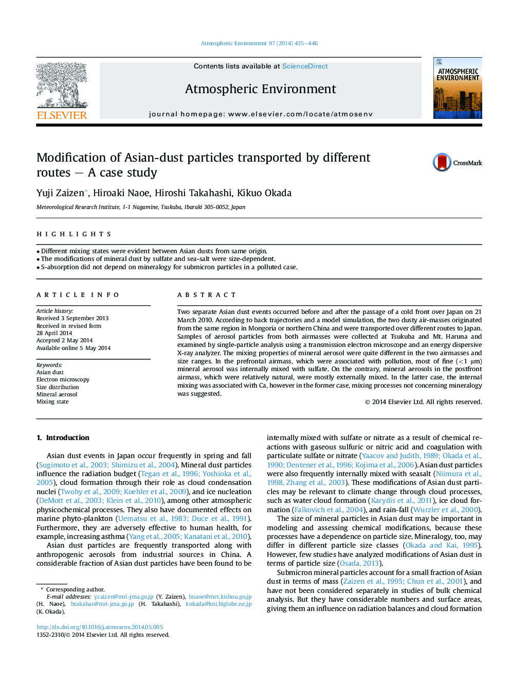 Modification of Asian-dust particles transported by different routes - A case study