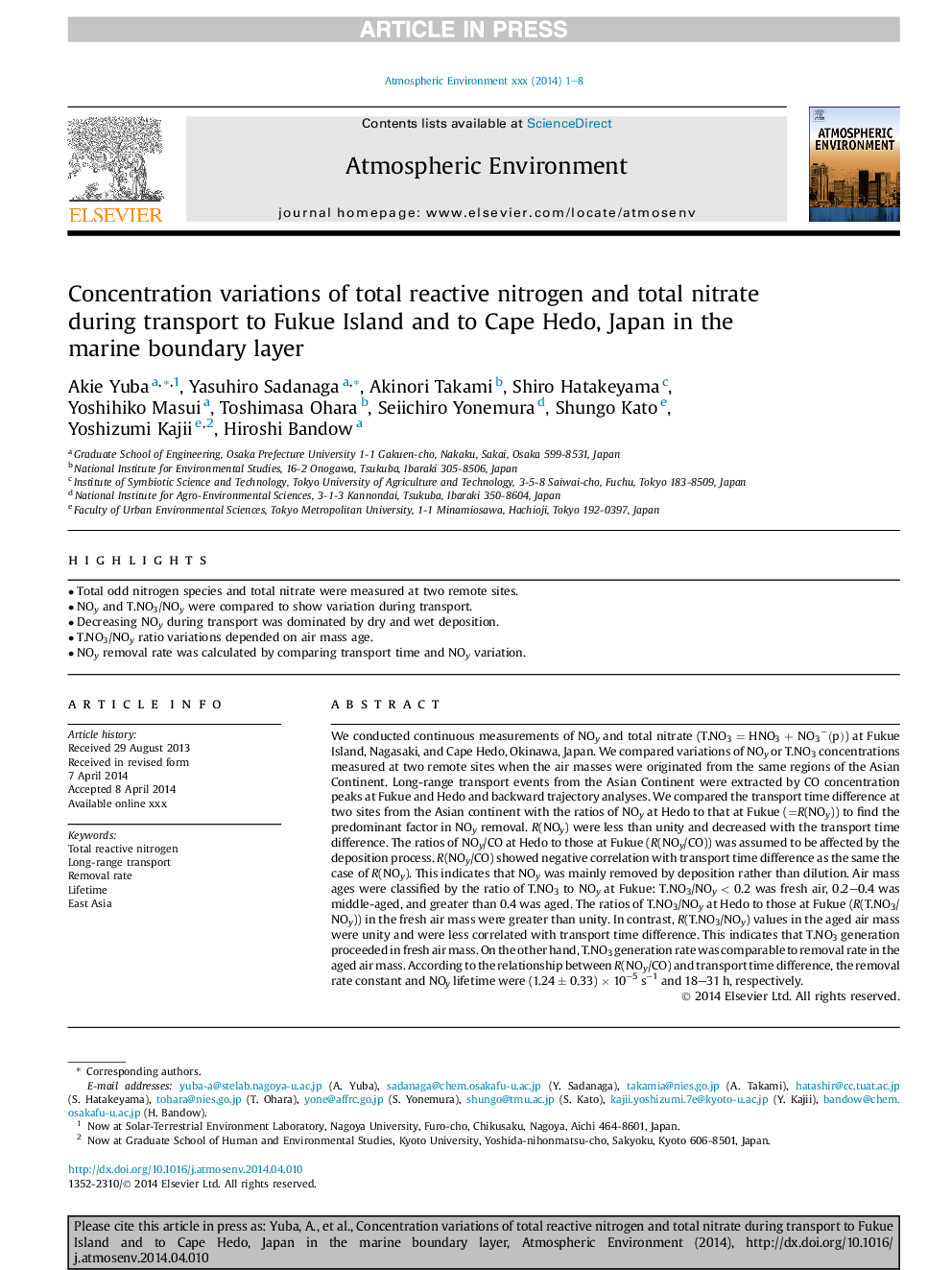 Concentration variations of total reactive nitrogen and total nitrate during transport to Fukue Island and to Cape Hedo, Japan in the marine boundary layer