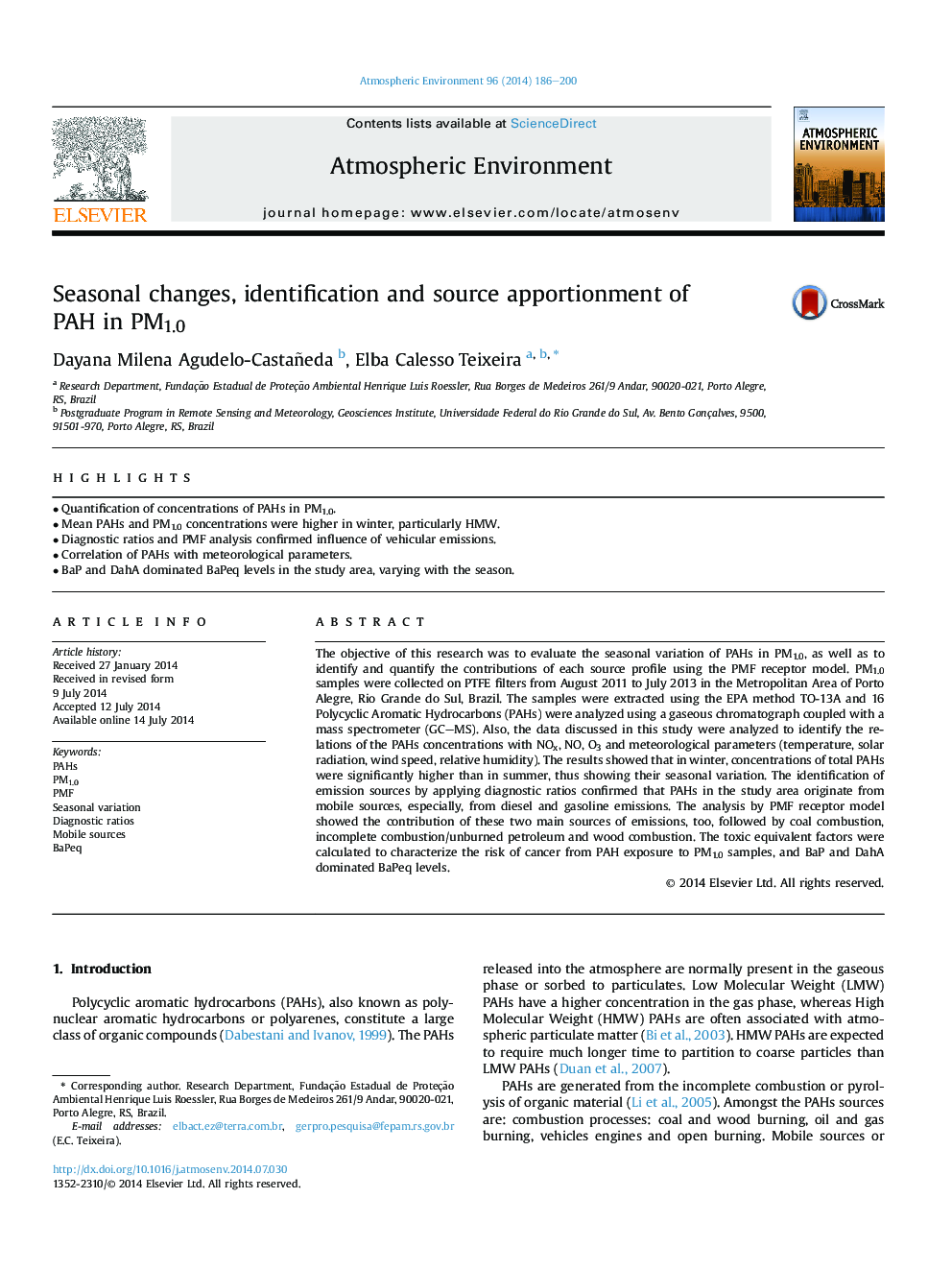 Seasonal changes, identification and source apportionment of PAH in PM1.0