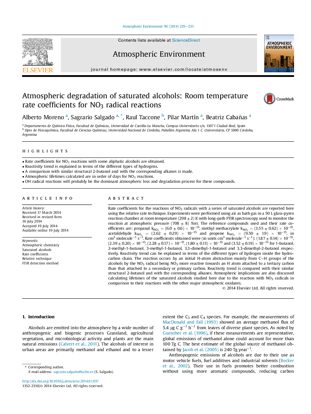 Atmospheric degradation of saturated alcohols: Room temperature rate coefficients for NO3 radical reactions