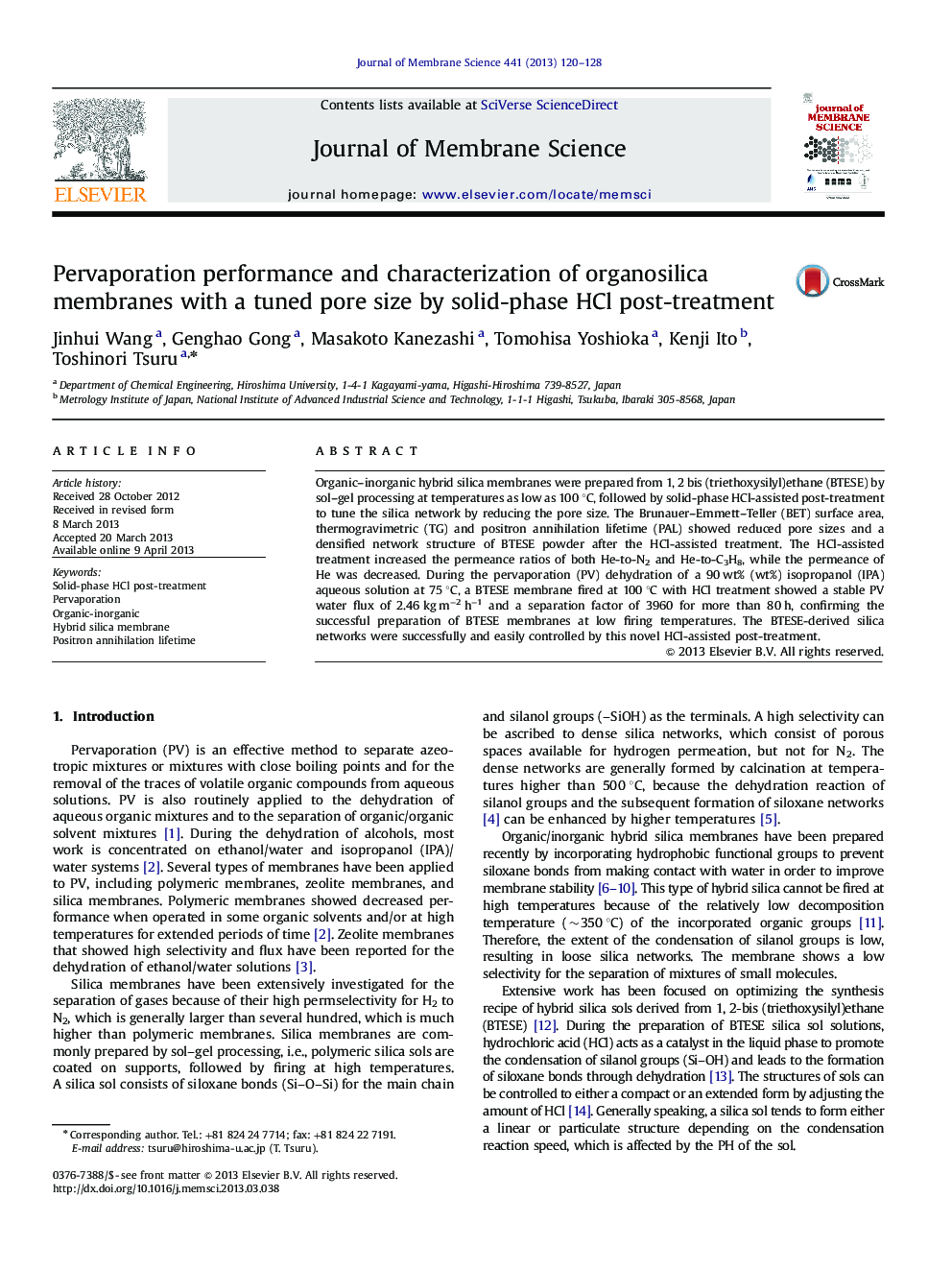 Pervaporation performance and characterization of organosilica membranes with a tuned pore size by solid-phase HCl post-treatment