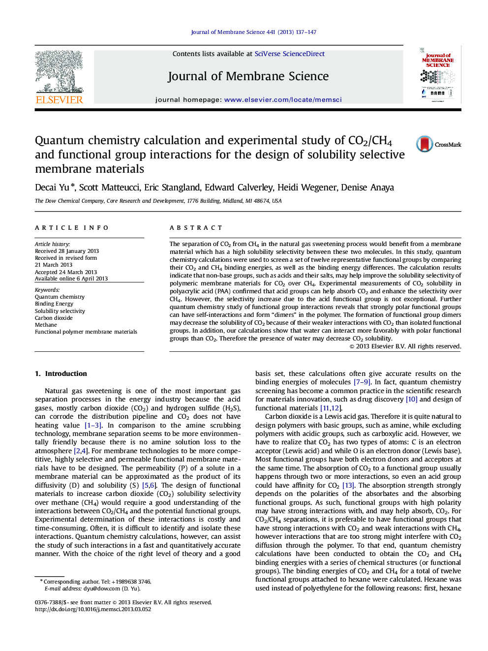 Quantum chemistry calculation and experimental study of CO2/CH4 and functional group interactions for the design of solubility selective membrane materials