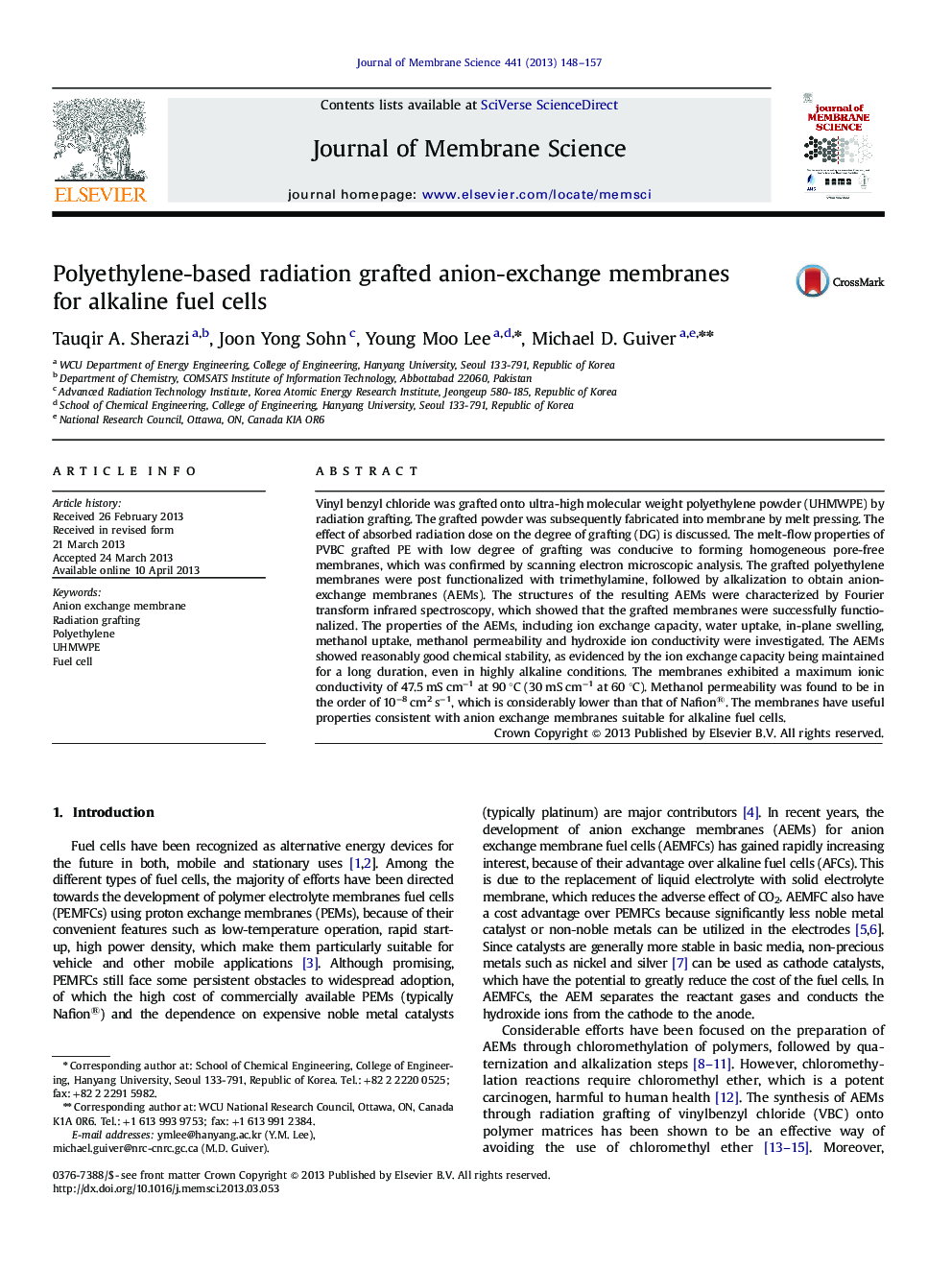 Polyethylene-based radiation grafted anion-exchange membranes for alkaline fuel cells