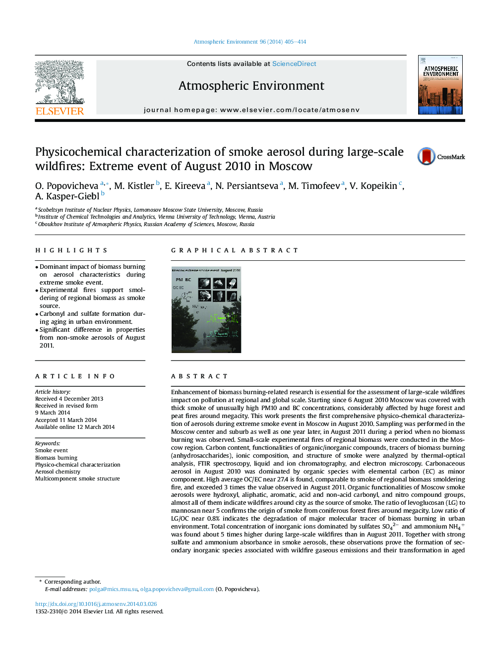 Physicochemical characterization of smoke aerosol during large-scale wildfires: Extreme event of August 2010 in Moscow