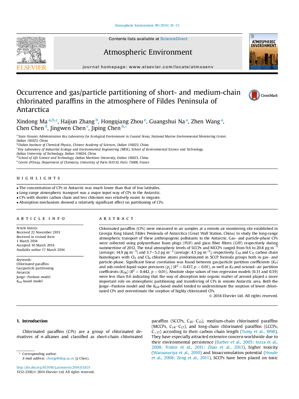 Occurrence and gas/particle partitioning of short- and medium-chain chlorinated paraffins in the atmosphere of Fildes Peninsula of Antarctica