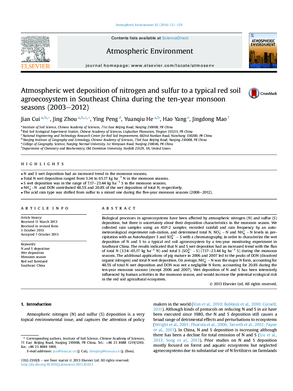 Atmospheric wet deposition of nitrogen and sulfur to a typical red soil agroecosystem in Southeast China during the ten-year monsoon seasons (2003-2012)