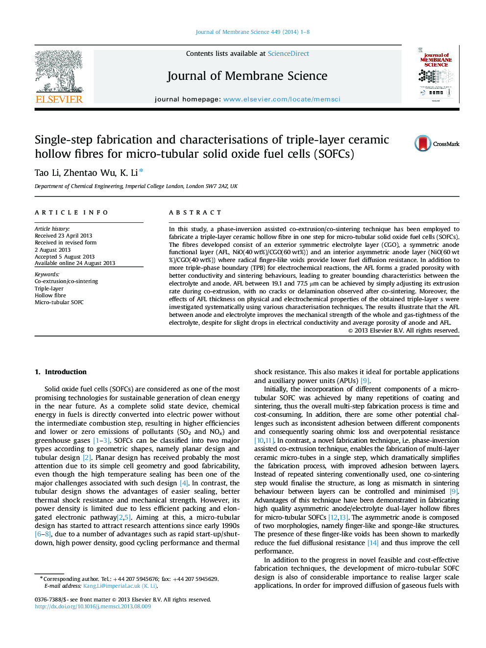 Single-step fabrication and characterisations of triple-layer ceramic hollow fibres for micro-tubular solid oxide fuel cells (SOFCs)