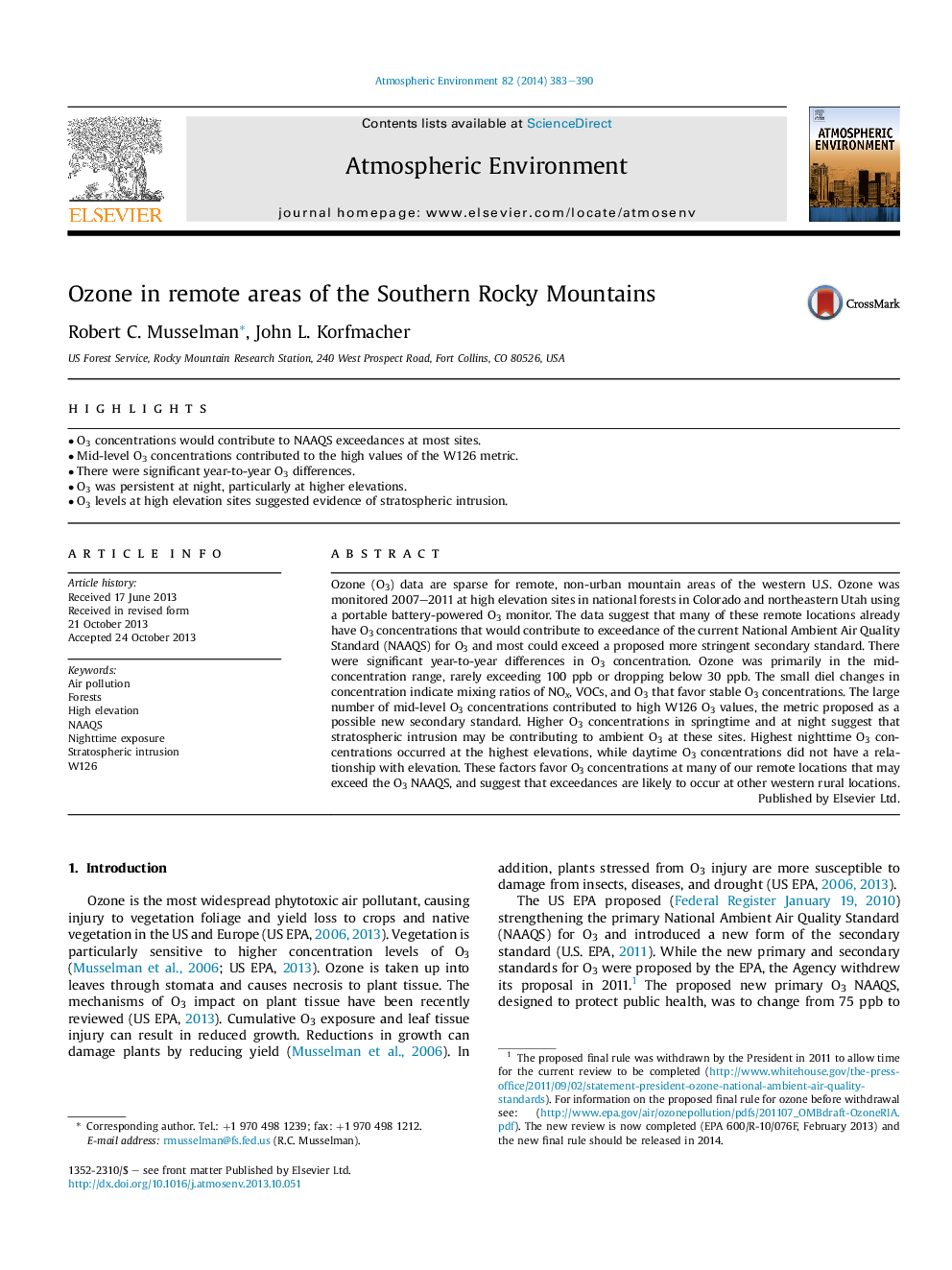 Ozone in remote areas of the Southern Rocky Mountains