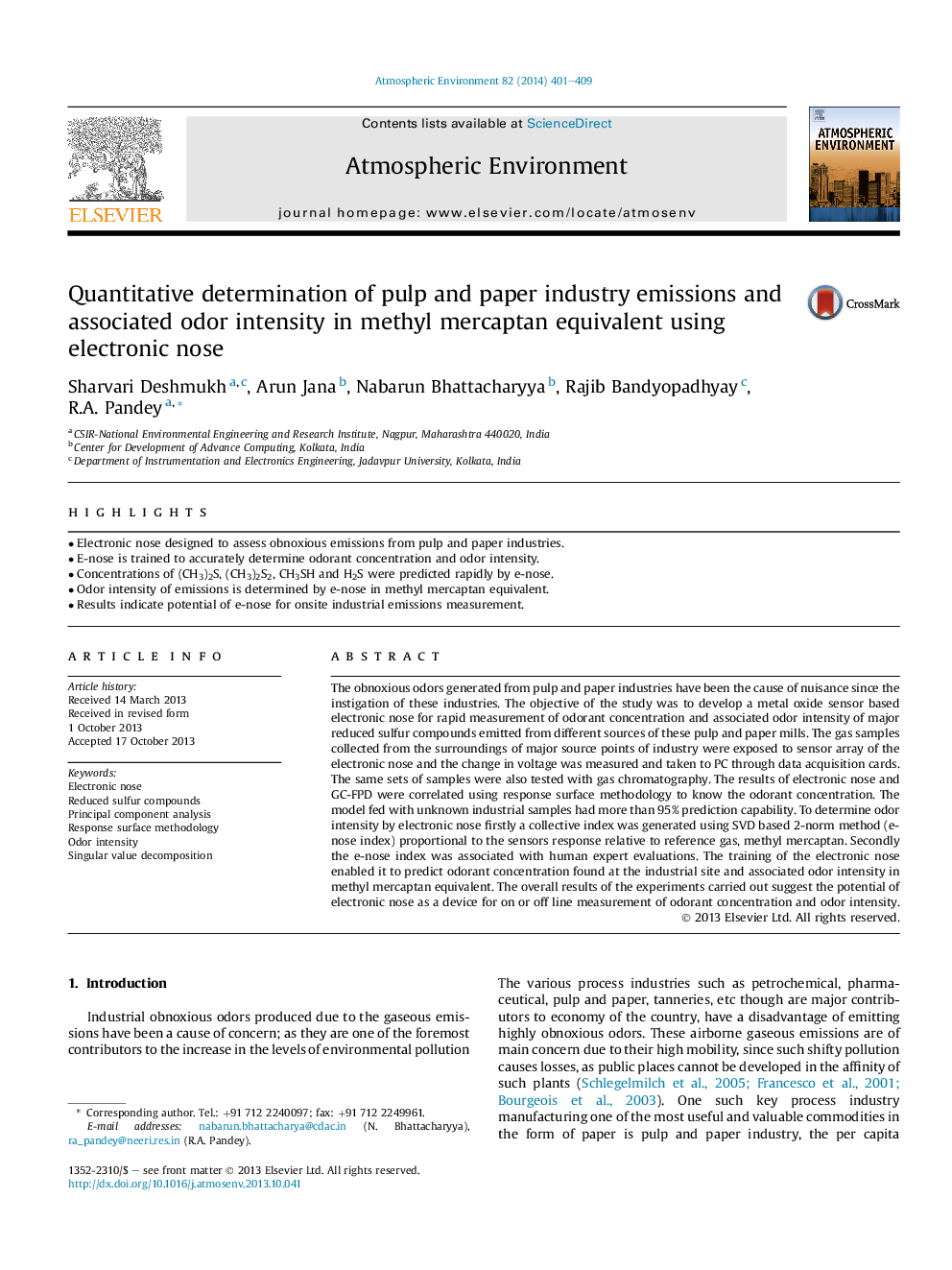 Quantitative determination of pulp and paper industry emissions and associated odor intensity in methyl mercaptan equivalent using electronic nose