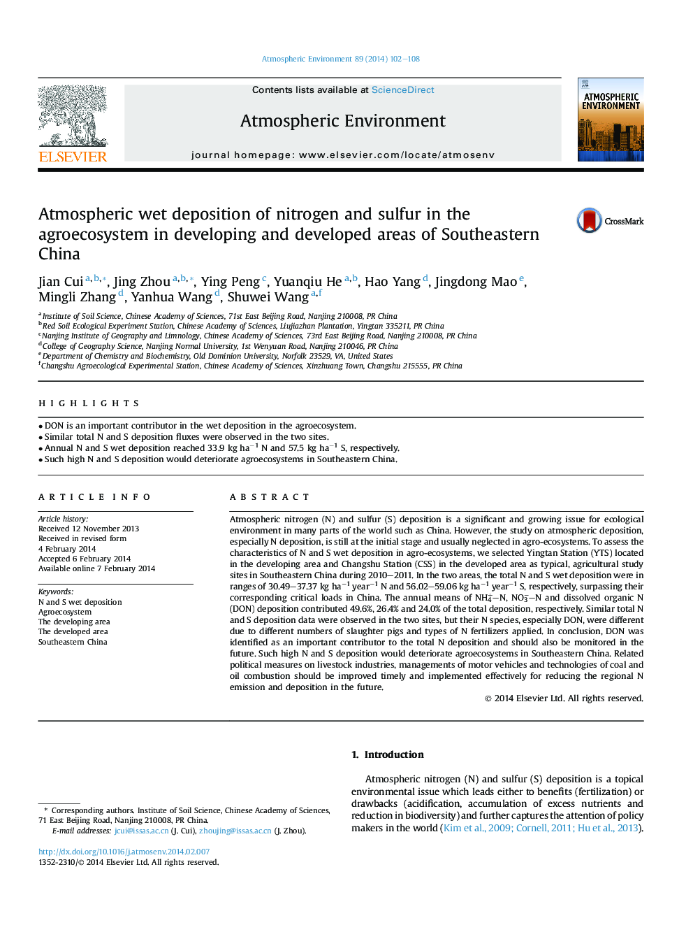 Atmospheric wet deposition of nitrogen and sulfur in the agroecosystem in developing and developed areas of Southeastern China