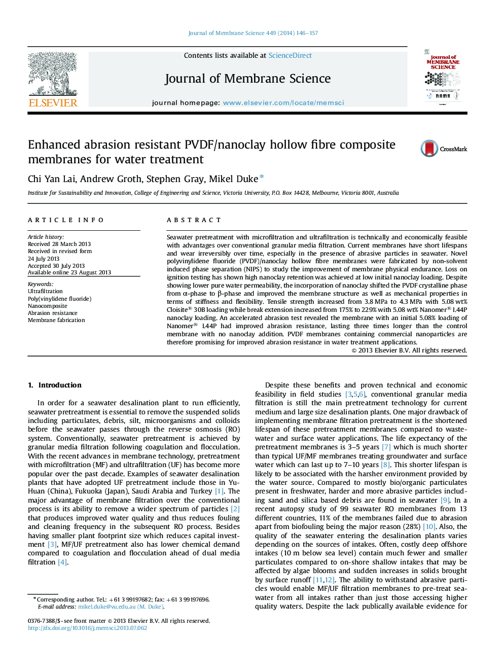 Enhanced abrasion resistant PVDF/nanoclay hollow fibre composite membranes for water treatment