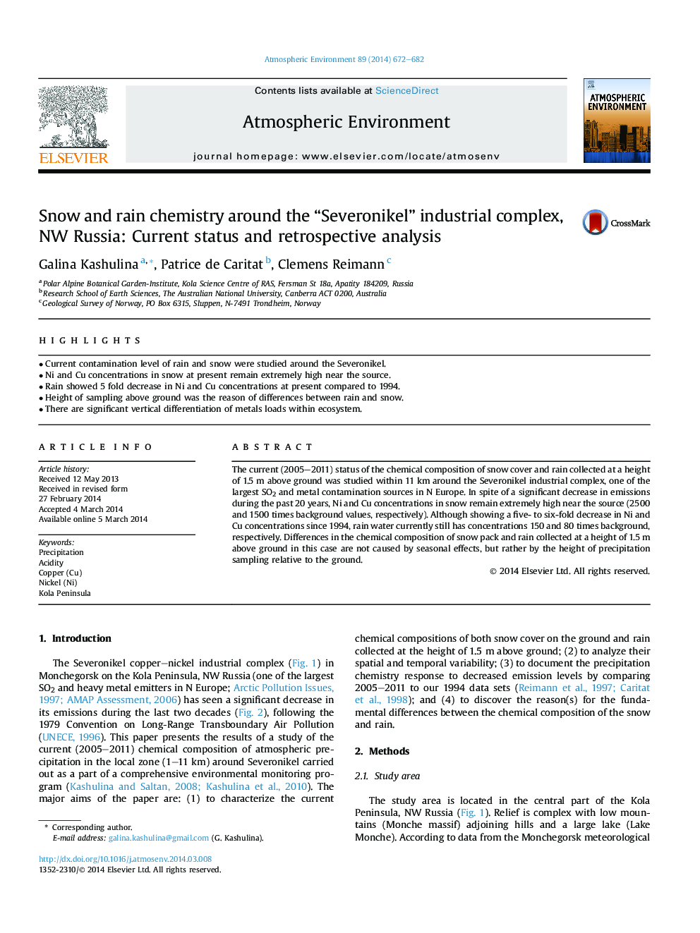 Snow and rain chemistry around the “Severonikel” industrial complex, NW Russia: Current status and retrospective analysis