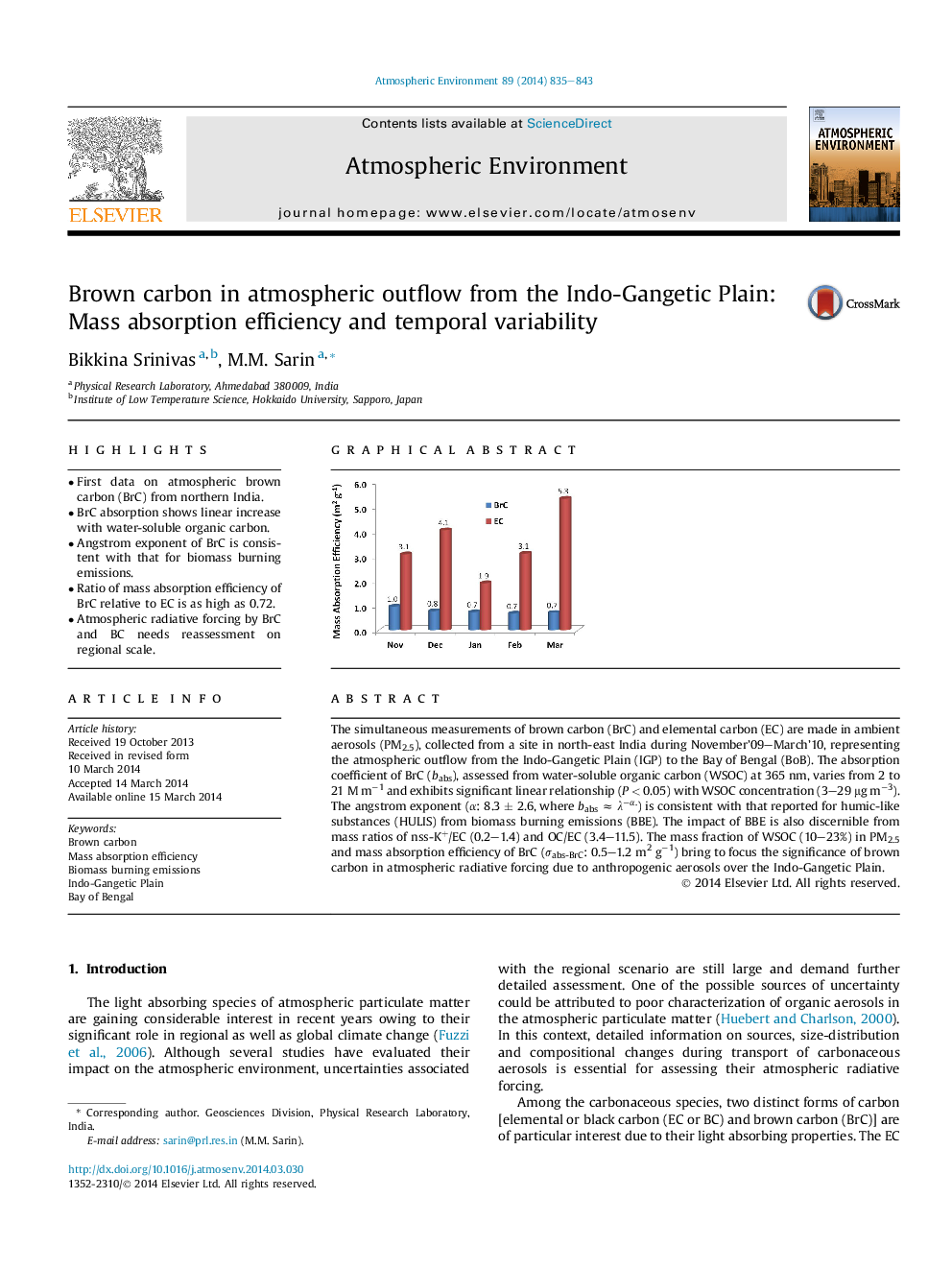 Brown carbon in atmospheric outflow from the Indo-Gangetic Plain: Mass absorption efficiency and temporal variability