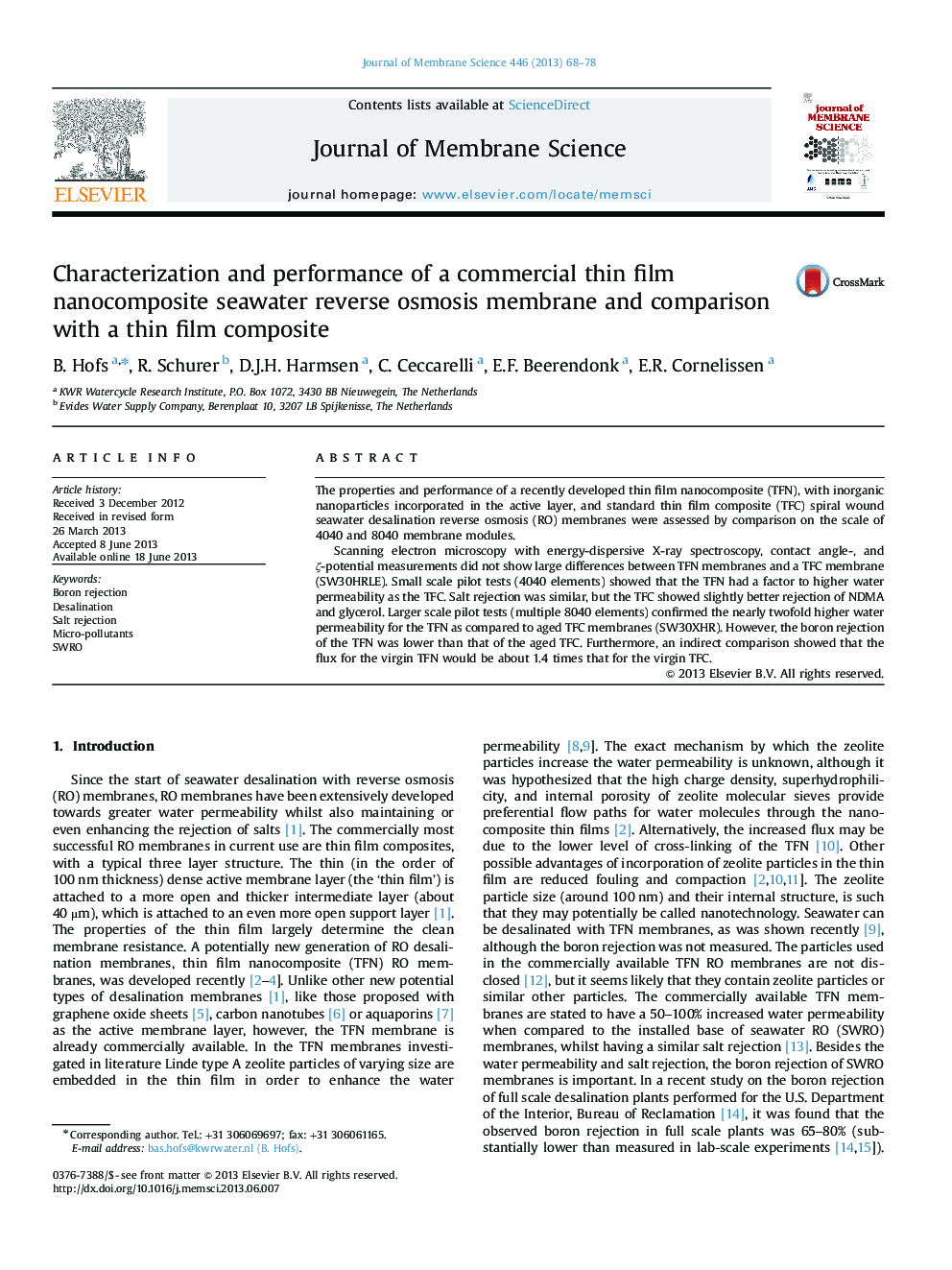 Characterization and performance of a commercial thin film nanocomposite seawater reverse osmosis membrane and comparison with a thin film composite