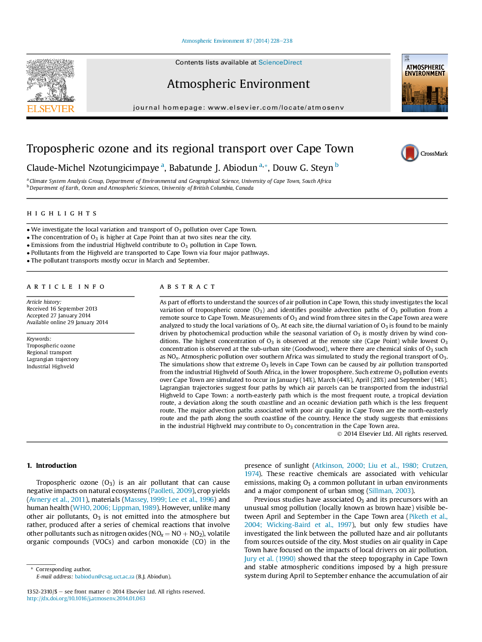 Tropospheric ozone and its regional transport over Cape Town