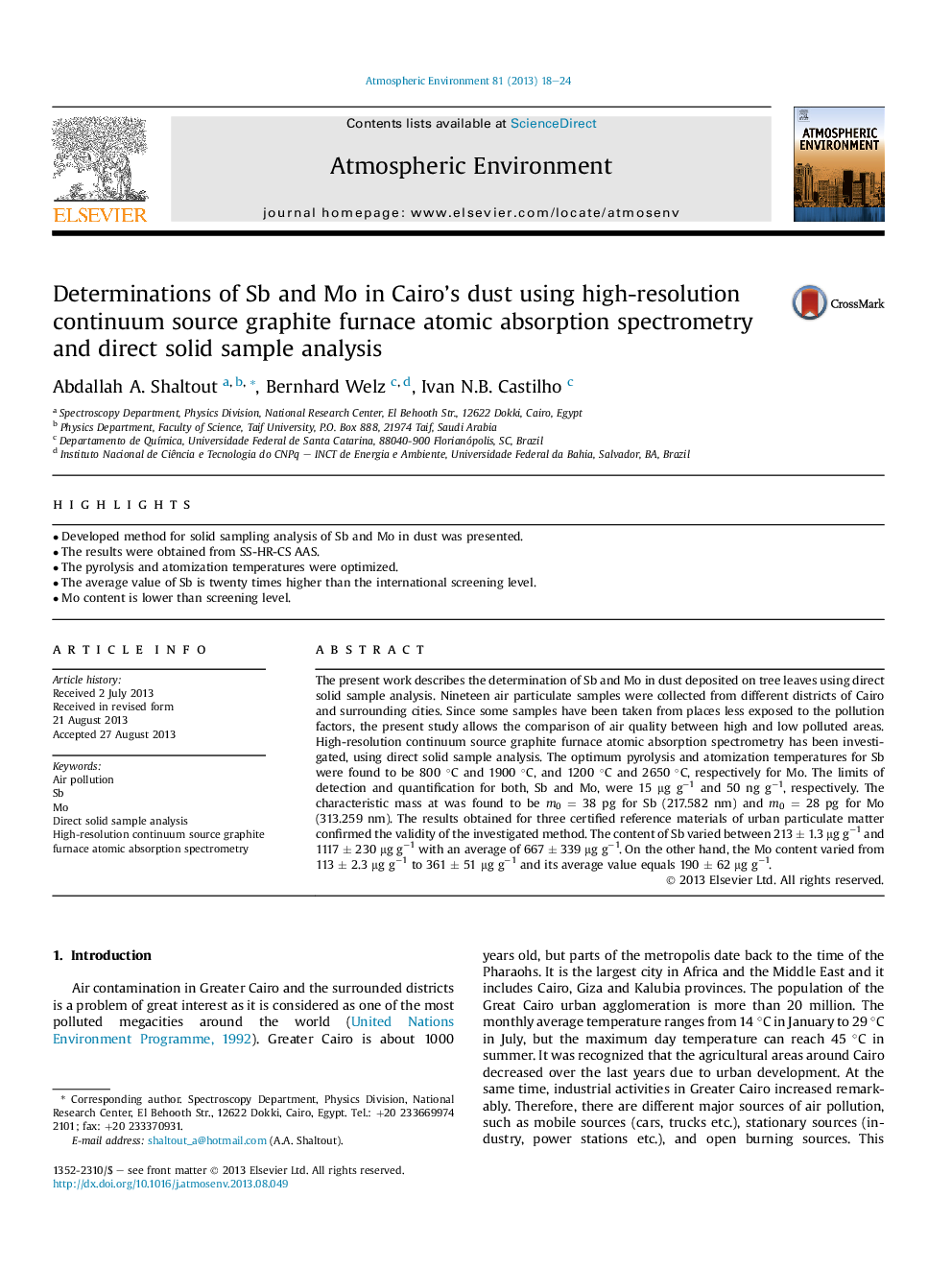 Determinations of Sb and Mo in Cairo's dust using high-resolution continuum source graphite furnace atomic absorption spectrometry and direct solid sample analysis