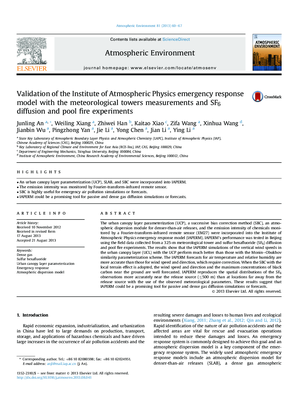 Validation of the Institute of Atmospheric Physics emergency response model with the meteorological towers measurements and SF6 diffusion and pool fire experiments