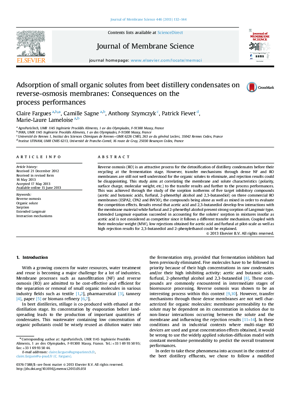 Adsorption of small organic solutes from beet distillery condensates on reverse-osmosis membranes: Consequences on the process performances